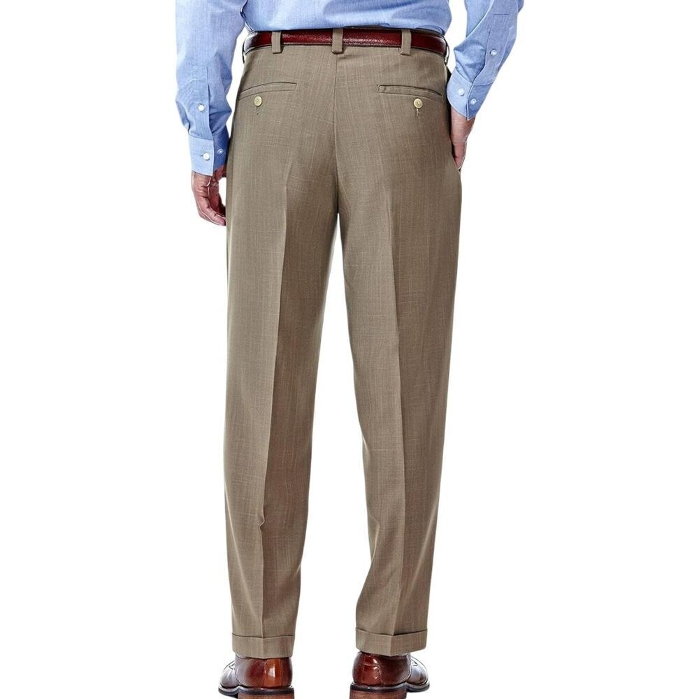 Haggar Men's E-CLO Repreve Stria Pleat Front Dress Pant Khaki Size 40W x 30L 70 - Picture 2 of 7